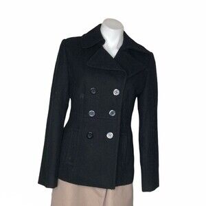 M JULIAN Black Pea Jacket Double Breasted Wool Blend Womens Size Medium